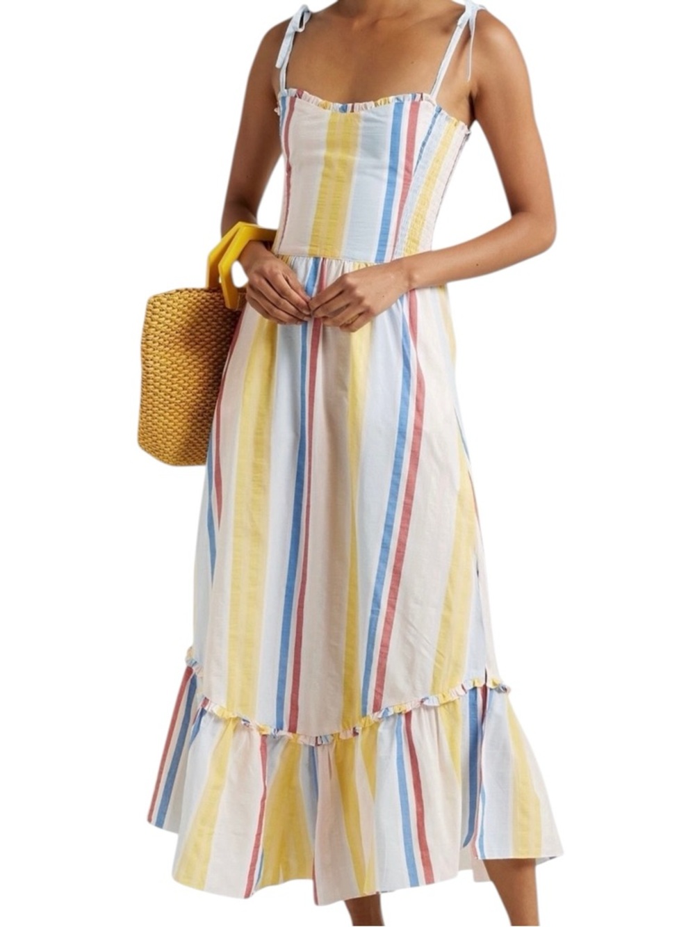 Lemlem Jima Cotton Blend Stripe Tie Cami Smocked Back Tiered Midi Dress, Size XS